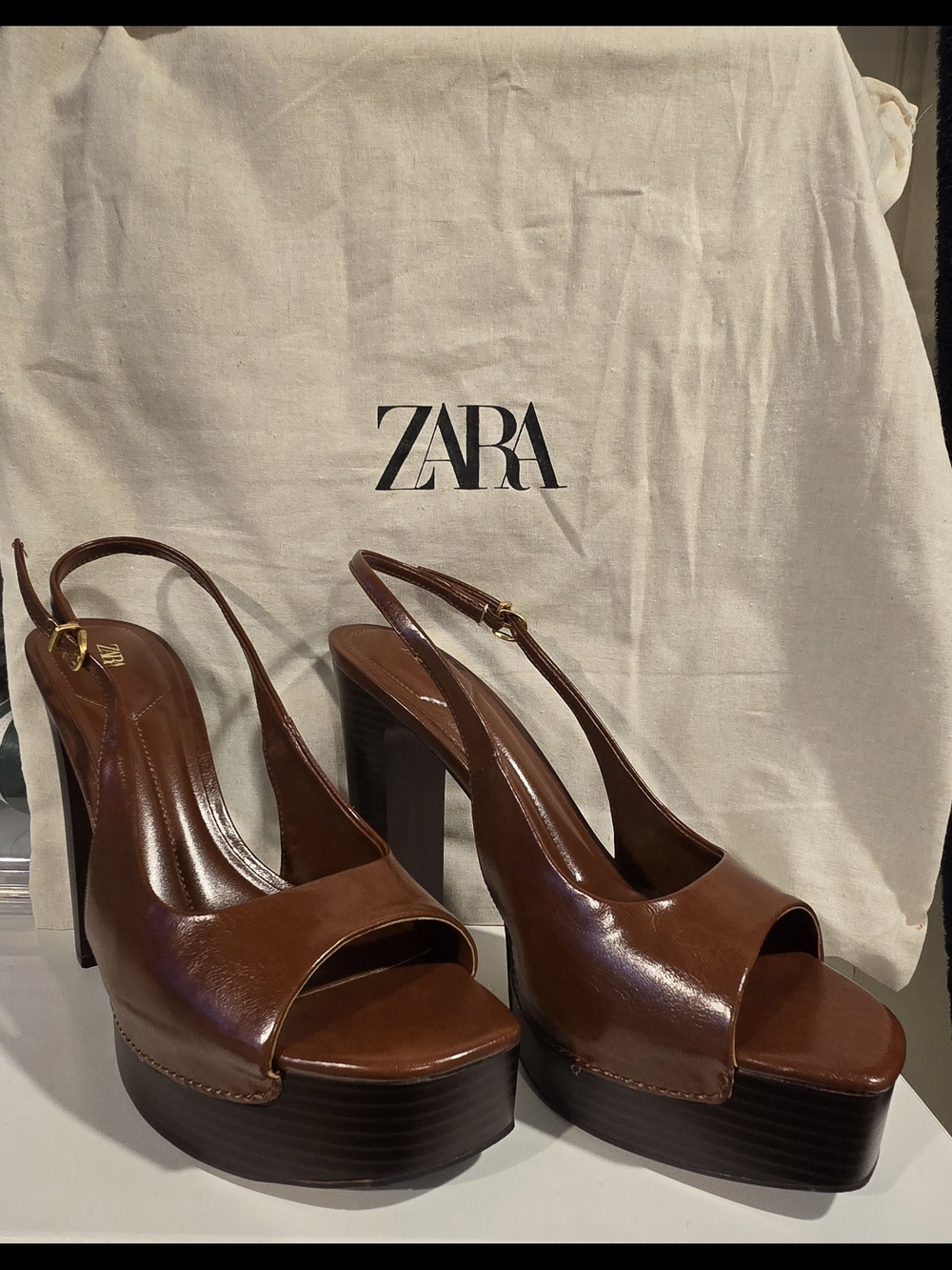 ZARA Brown Leather Platform Slingback Heels